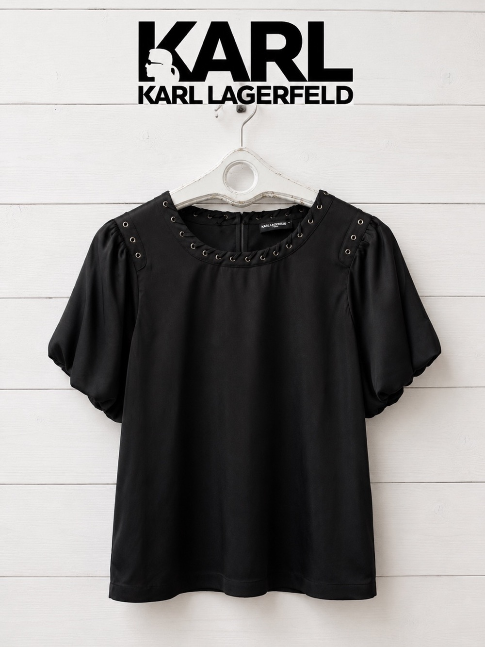 KARL LAGERFELD Black Satin Puff Sleeve Blouse Size XL